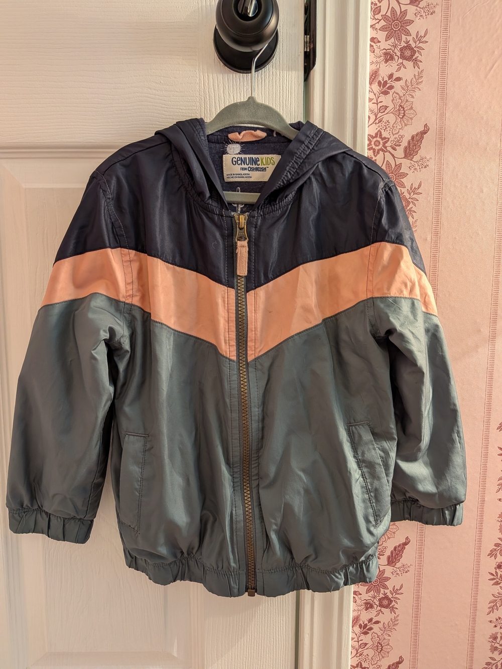 OshKosh Navy, Peach & Gray Colorblock Hooded Rain Jacket